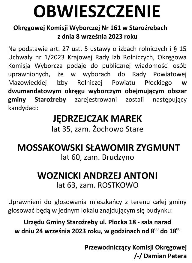 Obwieszczenie do Wyborów do Izb Rolniczych